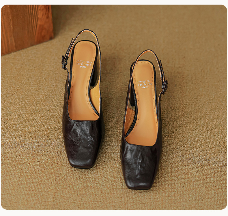 Sandal cao gót nữ mũi nhọn quai khóa, gót thô 9 cm phong cách Hàn Quốc — màu nâu chi tiết 30