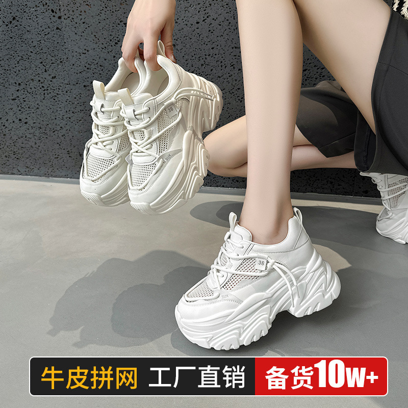 European Station Women's Shoes 2024 New Thick Bottom Genuine Leather Mesh Breathable Torre Shoes Fashion All-match Sports Leisure