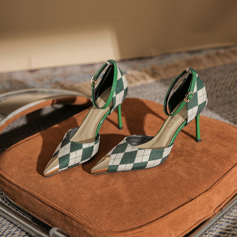 82310【Sheepskin】Pointed Toe High Heels for Women, Stiletto Heel, 2026 New Model, Metallic Color-Blocking, Single Strap, Hollow Design Pumps