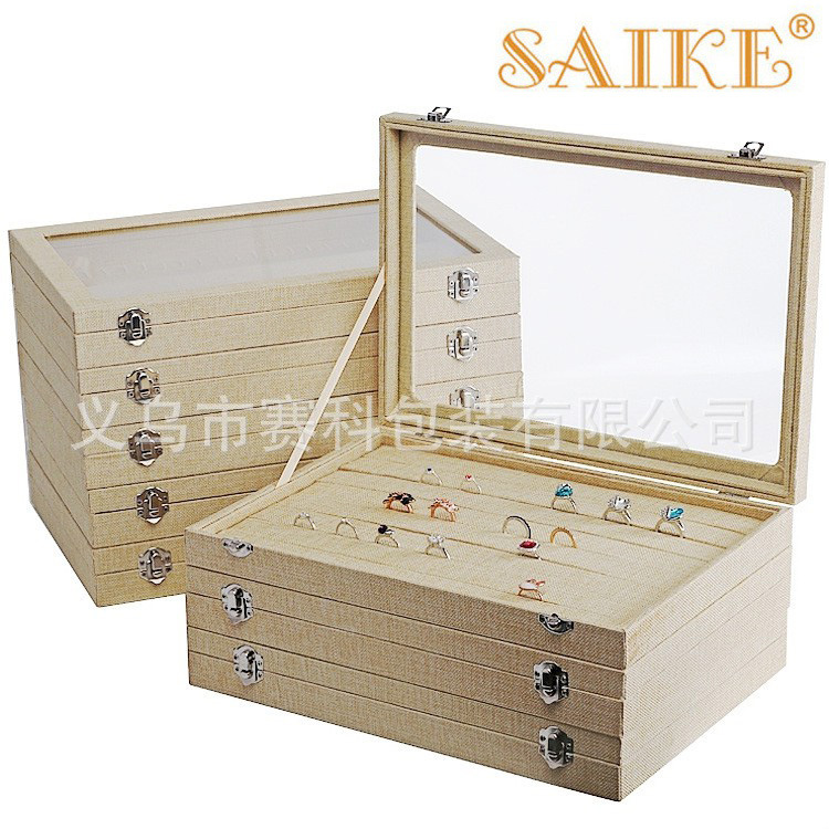 现货批发麻布开窗12格24格收纳20位项链戒指耳环耳钉吊坠珠宝箱