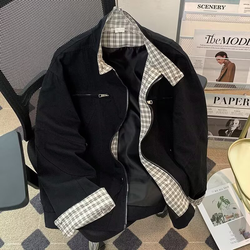 Checkered Patchwork Jacket For Men, Trendy Loose Baseball Jersey, Lapel Workwear Jacket_voghion.com