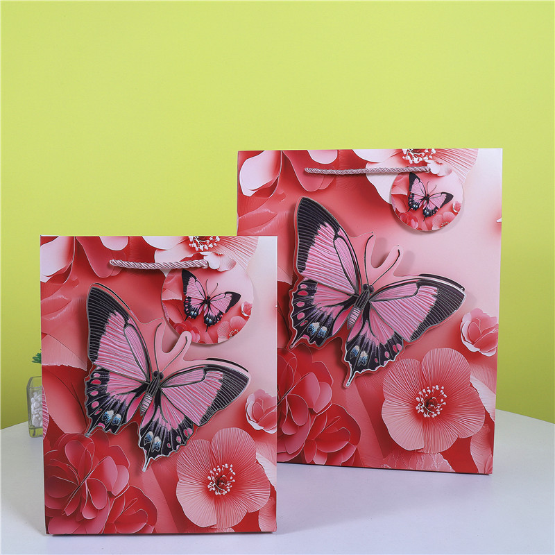 蝴蝶结白卡礼品手提袋现货鲜花店伴手礼袋跨境专供3D贴片工艺袋子