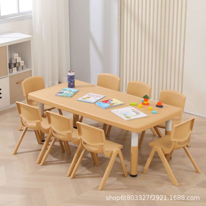 Kindergarten Children's Plastic Table and Chair Set, Rectangular, Large Size, for 8 People, Adjustable Height, Non-Toxic, Odorless Kindergarten Children's Plastic Table and Chair Set, Rectangular, Large Size, for 8 People, Adjustable Height, Non-Toxic, Odorless