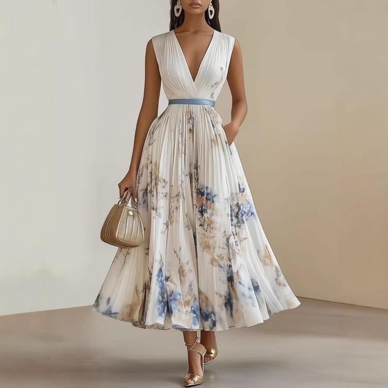 2026 European and American Foreign Trade Women's Fashion Hot-Selling Sleeveless Printed Vacation Dress with a Stylish Mid-Length V-Neck