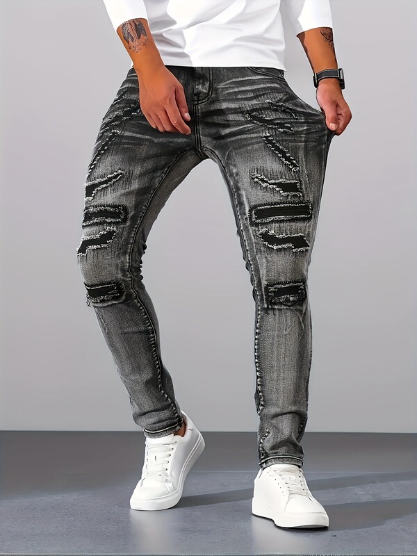 Cross-Border Men's Jeans in Silver-Gray, Stretchy, Slim-Fit, Fashionable, Multi-Design Men's Trousers