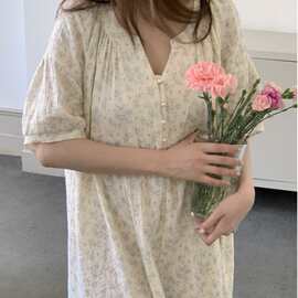 韩国ins女士夏季新品韩系双层棉纱小兰花家居服睡裙连衣裙批发女