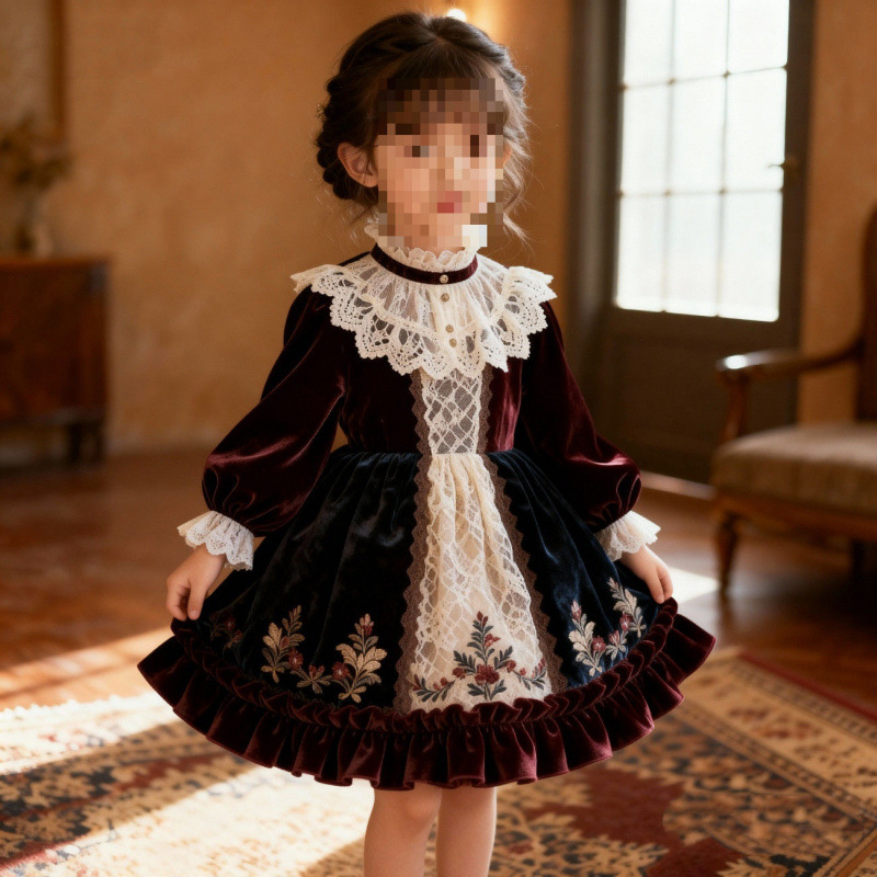 Girls' Lolita Autumn and Winter New Style Palace-Style Dress Baby Birthday Stylish Fluffy Princess Dress with Fleece Lining