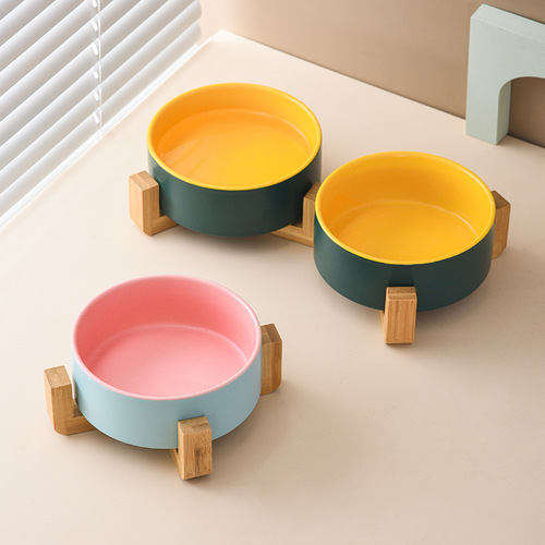 Cat bowl ceramic matte interior and exterior two-color wooden frame pet bowl double bowl cat rice bowl food bowl grain basin water bowl cat and dog food utensils