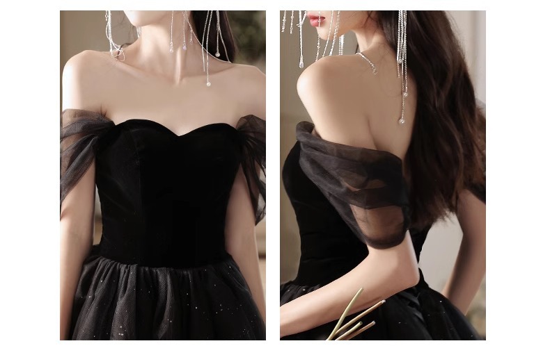 Đầm dạ hội đen lệch vai dáng chữ A thanh lịch — đen chi tiết 3