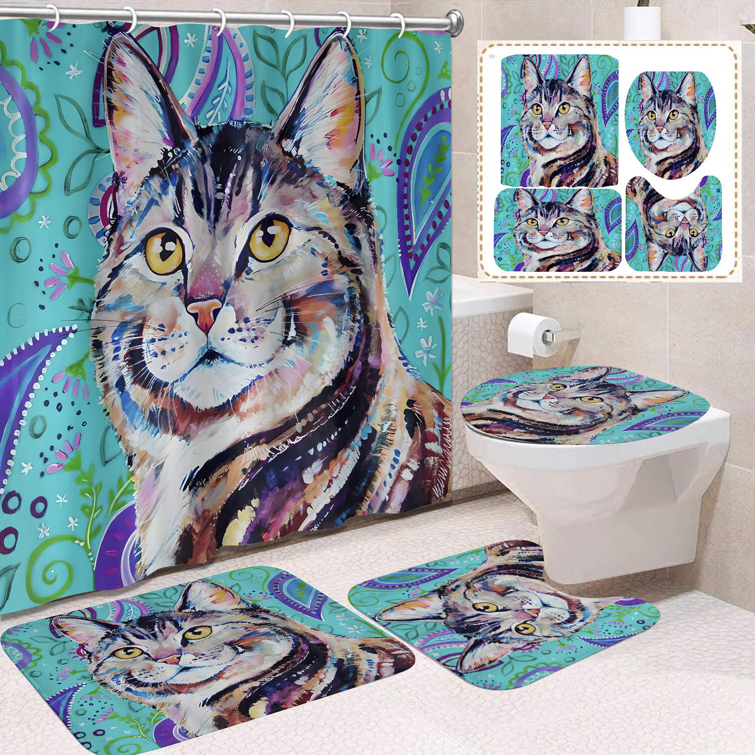 Fuente de fabricantes Amazon animales gatos niños cortina de ducha impermeable a prueba de moho cortina de ducha inodoro partición de baño divertido