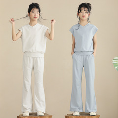 女童休閒套裝夏2024新款彈力運動休閒直筒褲中大童簡約純色套裝潮