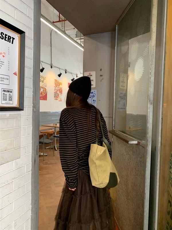 2025新款复古套装条纹宽松长袖T恤女秋季网纱半身裙蛋糕裙两件套|undefined