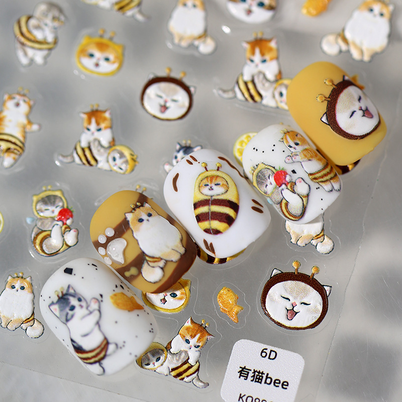 Popular Embossed Nail Art Stickers, Cute Embossed Bees and Cats, Super Cute Lemon Cat Cartoon DIY Nail Art Stickers