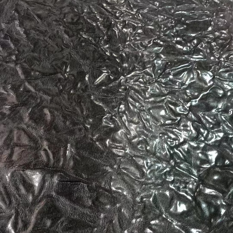 头层牛皮手抓花服装皮料手工抓花褶皱复古面料黑色现货