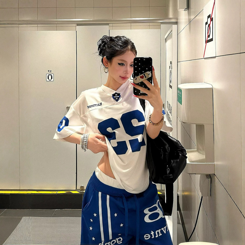 Hip-Hop Retro High Street Jersey with Digital Print, Long-Sleeve Patchwork Short-Sleeve Top, Loose Design, Foreign Trade Cross-Border Hip-Hop Retro High Street Jersey with Digital Print, Long-Sleeve Patchwork Short-Sleeve Top, Loose Design, Foreign Trade Cross-Border