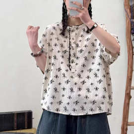夏季新款小清新文艺棉碎花衬衫女短袖木耳花边领印花百搭叠穿衬衣
