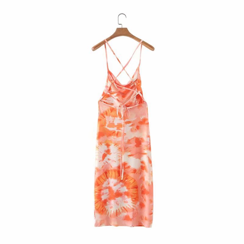 spring orange tie-dye printing dress NSAM43368