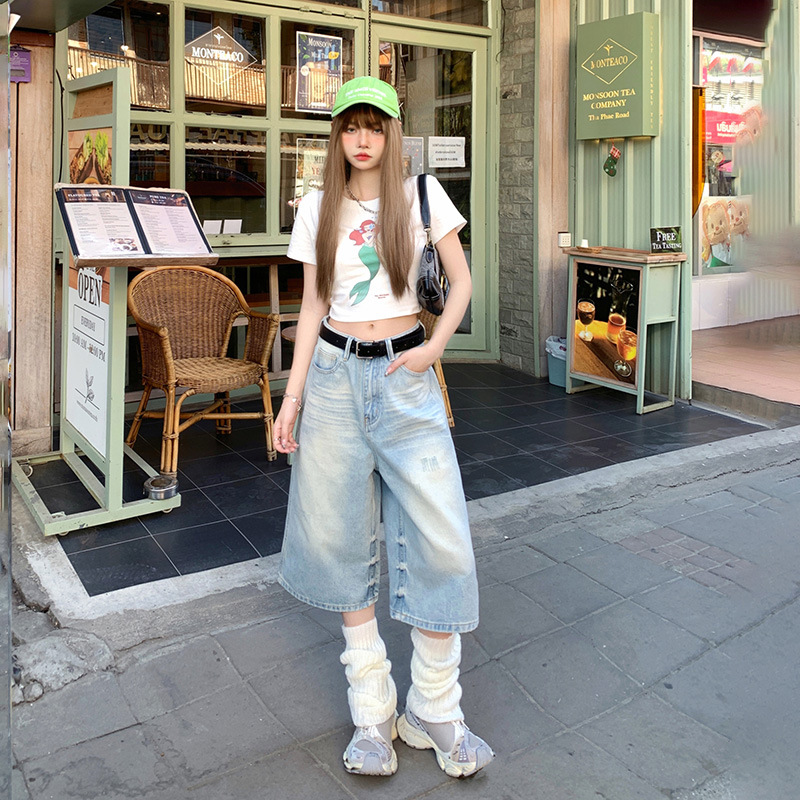 American Style Vintage Washed Loose Wide-leg Cropped Jeans Women's High-waist Loose Casual Slim-fit Straight Pants with Holes