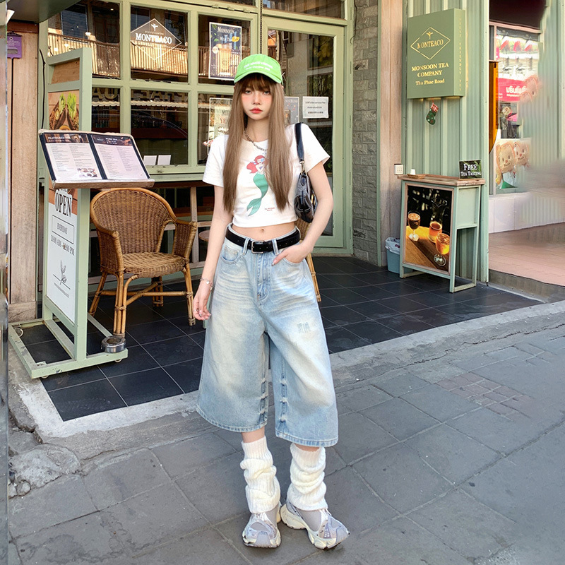 American Style Vintage Washed Loose Wide-leg Cropped Jeans Women's High-waist Loose Casual Slim-fit Straight Pants with Holes