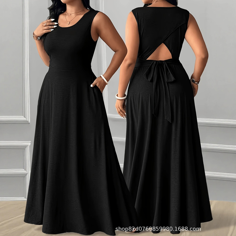 2026 Summer New Elegant Slimming Round Neck Back Tie Side Pocket Solid Color Plus Size Women's Dress