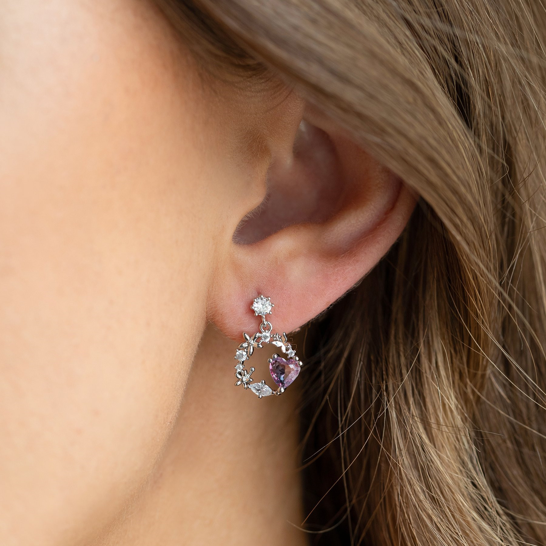 Pink Heart Stud Earring Micro Inlaid Zircon Exquisite Heart-Shaped Ear studs