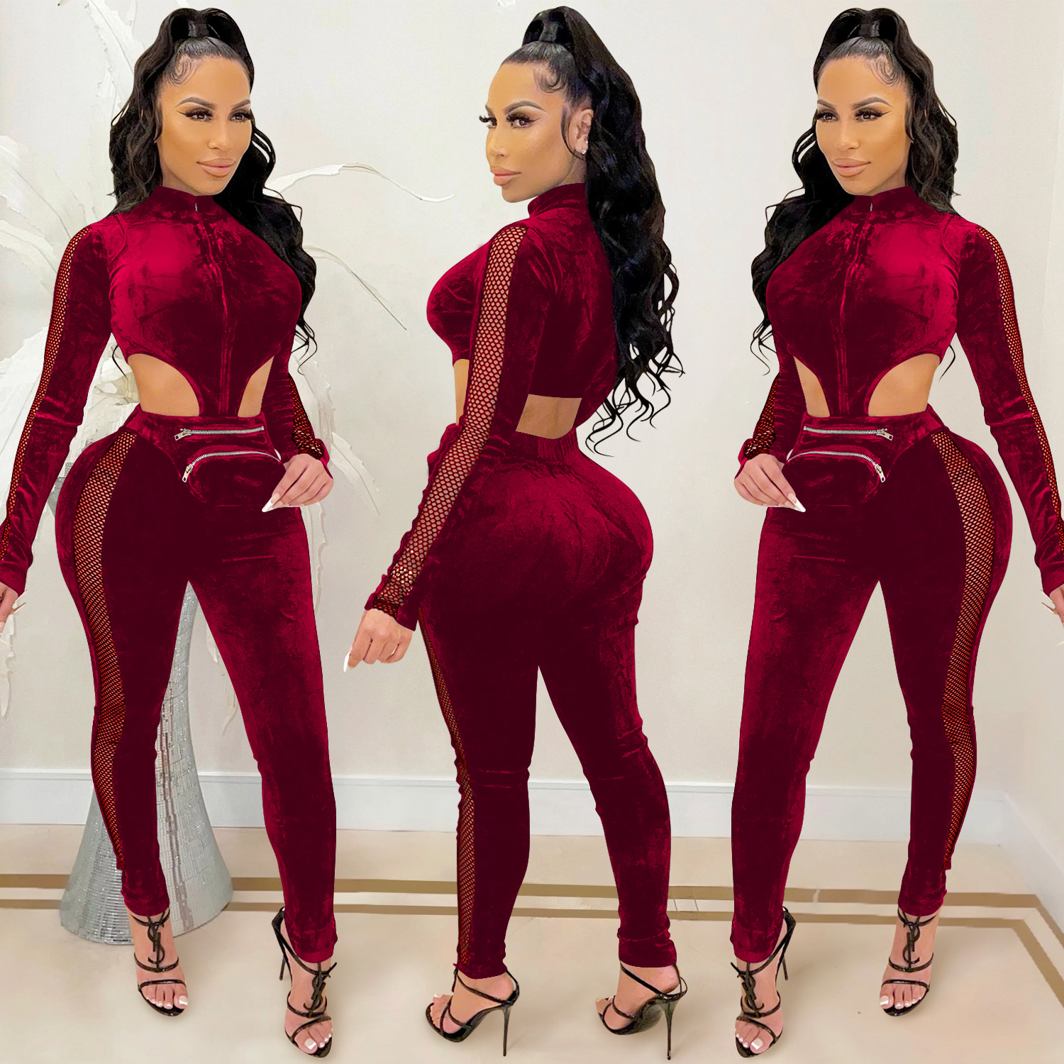 Velet See-Through Zipper Long-Sleeved Hollow Jumpsuit NSFYZ113206