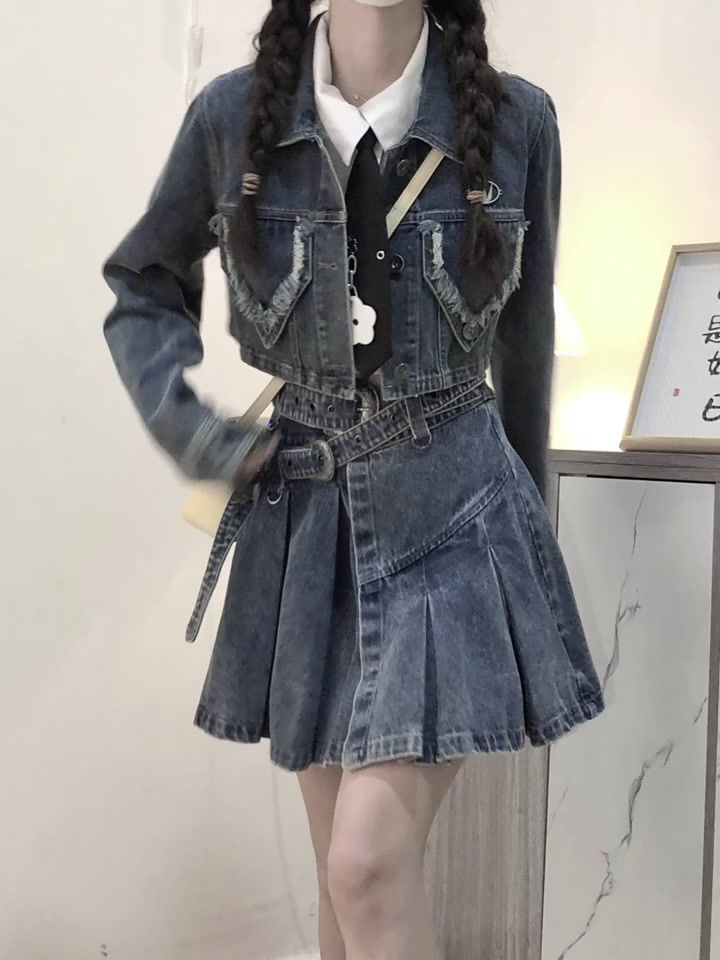 ChicShe Set da donna in stile retrò americano con giacca estiva e gonna in denim a vita alta_voghion.com