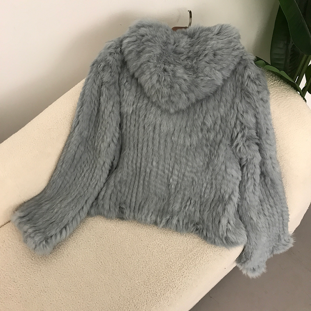 Abbigliamento da donna Nuovo autunno e inverno Criptato ispessito fatto a mano a doppia faccia tessuto con cappuccio corto in pelliccia di coniglio per le donne stile giovane_voghion.com