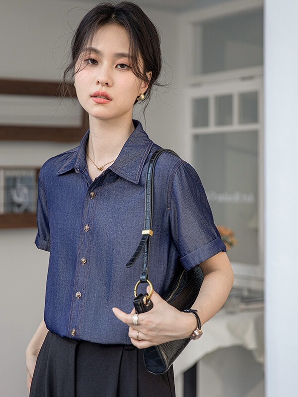 Real Shot of Blue Tencel Denim Shirt Women's Short-Sleeved Summer 2025 New Hong Kong Style Retro Right Shoulder Small Top