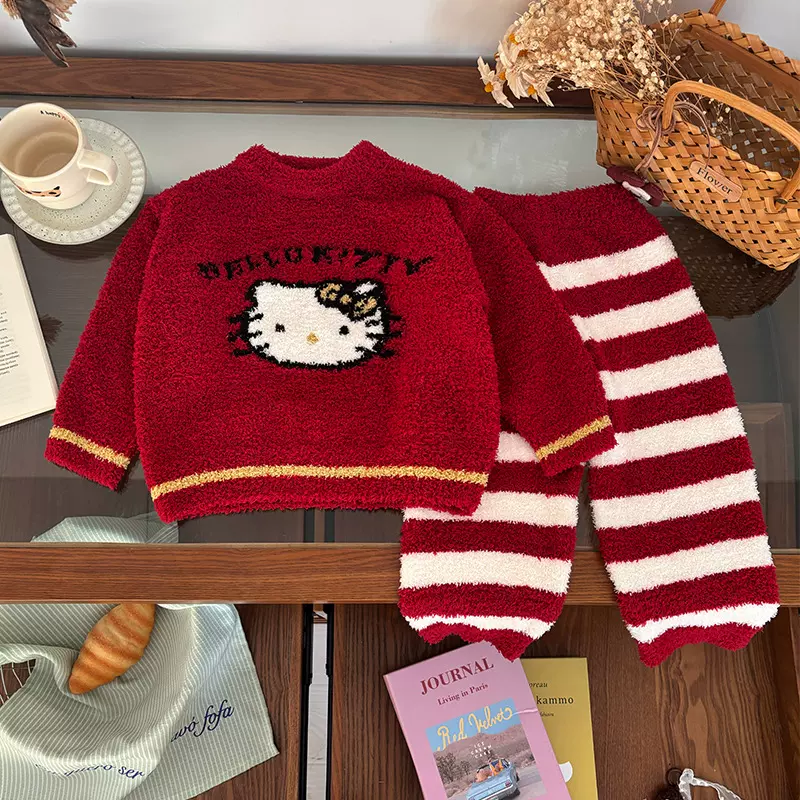 【现货】DT258020儿童套装2025冬季kt猫毛绒上衣条纹裤子女家居服