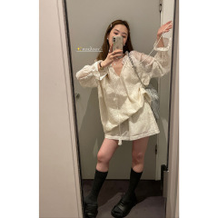 HEYGIRL黑哥 浪漫哥特 喇叭袖V领镂空上衣女夏轻薄防晒短裤套装