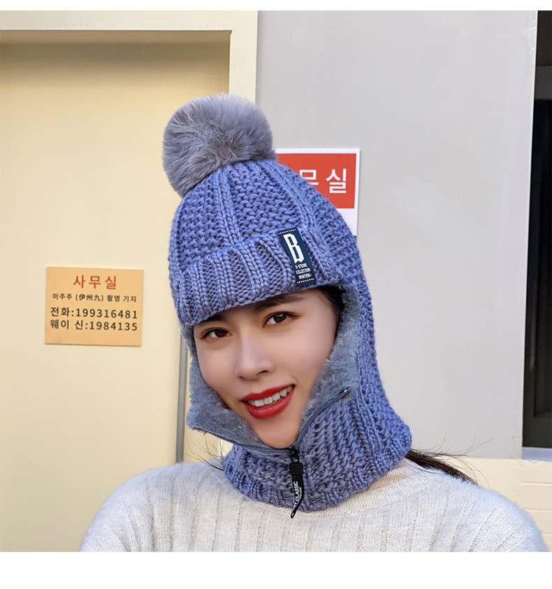 New Winter Knitted Korean Edition Plush Pullover Ear Protection Women's Cycling Woolen Zipper Neck Warm Hat_voghion.com