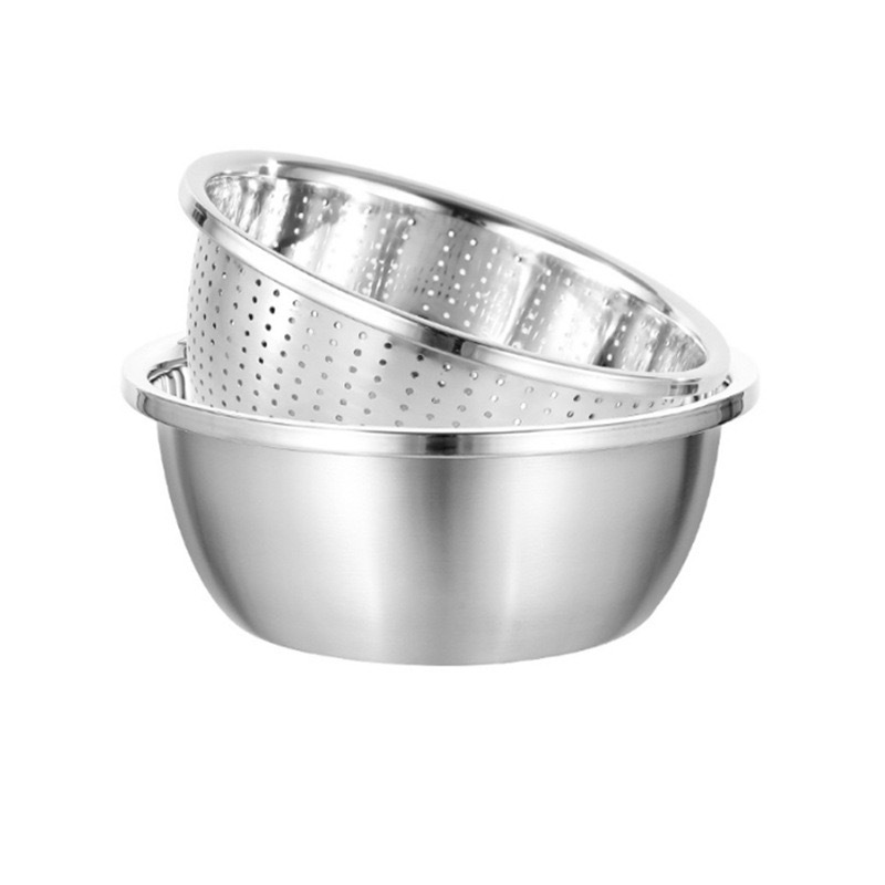 Cuenca de acero inoxidable de grado alimenticio cuenca de huevos casera cesto de drenaje no magnético grosor frente grande cuenca europea personalizada