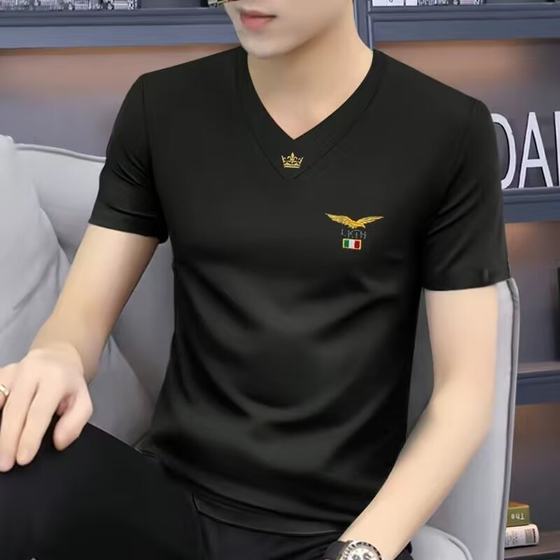 2025 Summer New Blue Business T-shirt Teenage Students Men's Short Sleeve Ice Silk Top Clothing T-shirt Half Sleeve