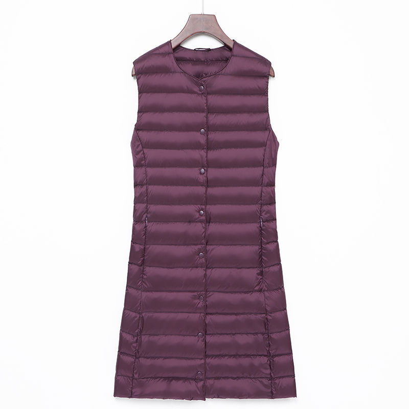 Transfronterizo otoño y invierno nuevo tipo de chaqueta de pluma de mujer ligera media y larga moda coreana con cremallera de cuello redondo calentamiento exterior