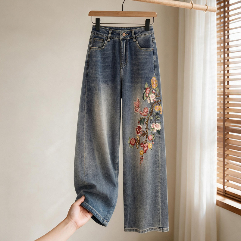 Women's 2026 Autumn New Collection: High-Waisted, Loose-Fit, Wide-Leg Jeans with Embroidered Floral Patterns and Rhinestone Accents, Suitable for Petite Figures