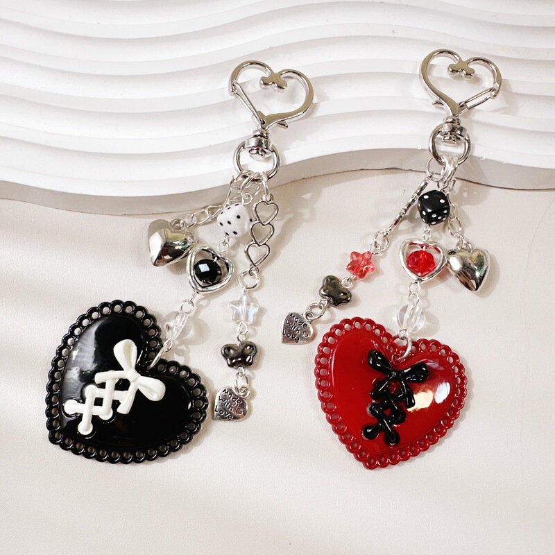 Red and Black Sweet Cool Style Y2K Heart Bow Mobile Phone Chain Personalized Bag Pendant Earphone Coin Purse Pendant Keychain