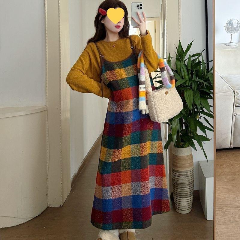 Hepburn-Style Fashionable Maternity Camisole Dress Autumn and Winter Two-Piece Set Base Shirt Yellow Top Other Cut Tags