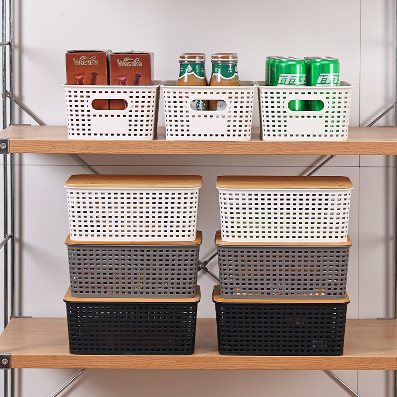Cesta de almacenamiento de Amazon Caja de almacenamiento de cubierta de bambú de imitación de ratán a cuadros Caja de almacenamiento de almacenamiento de escritorio de oficina simple