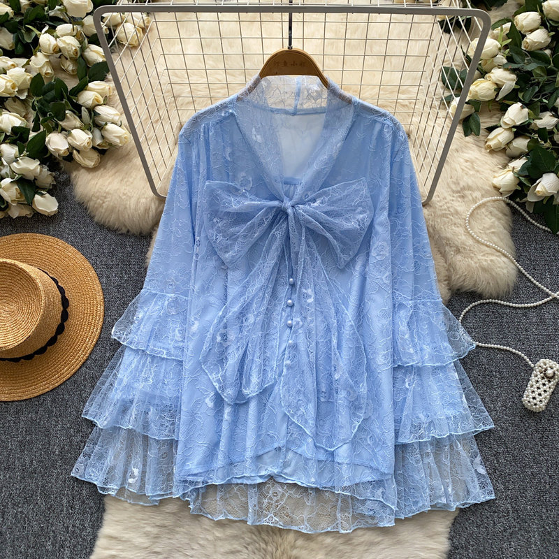 French-Style Gentle Red Lace Bow Shirt for Women, Spring and Autumn Long-Sleeved Loose-Fitting Youthful and Age-Reducing Top