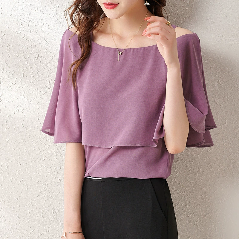 Love-Yi Buying Clothes 2023 Лето Новая шифоновая рубашка женская с коротким рукавом на одно плечо Тонкая свободная женская рубашка большого размера Модный женский топ