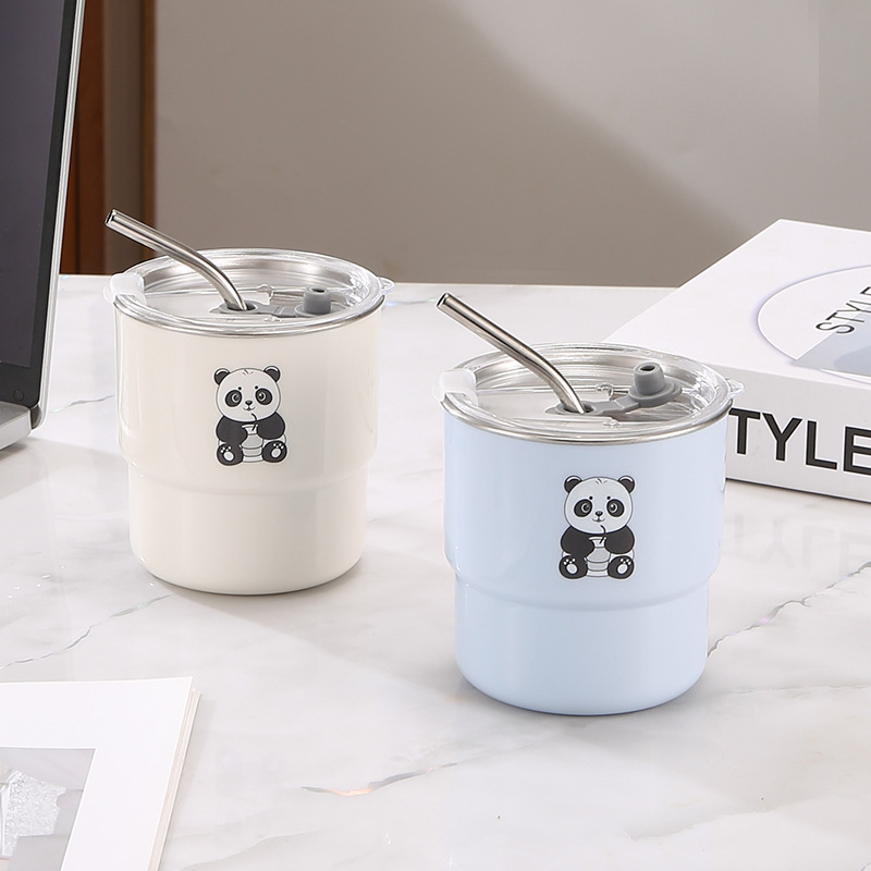 304不锈钢内胆咖啡杯卡通马克杯学生便携吸管水杯高颜值