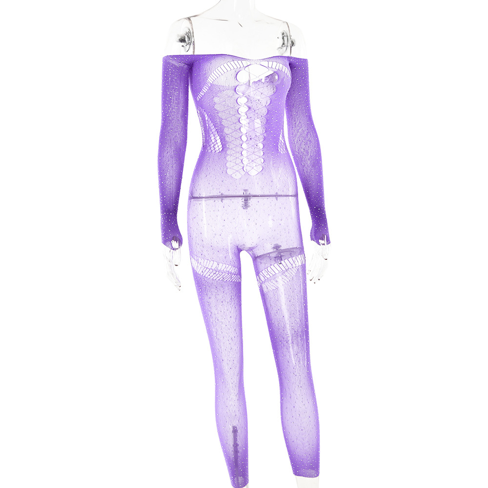 Women Sexy Rhinestone See through Hollow Out Cutout Backless Jumpsuit Long Sleeve Slim Fit Jumpsuit Summer