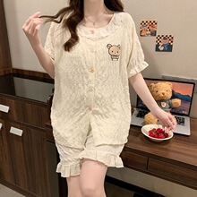 实体店现货带胸垫短袖短裤睡衣女夏季开衫云朵棉万年格纯色卡通简