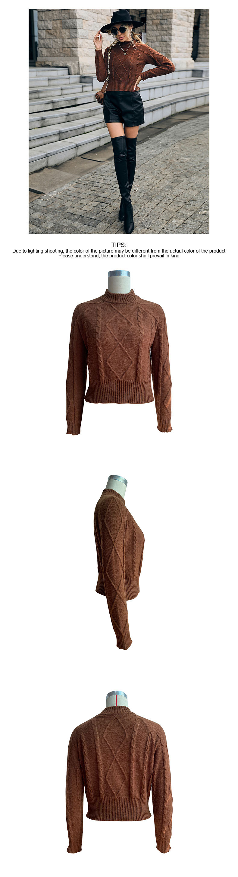 Einfarbiger, kurzer Strick-Twist-Pullover mit Rundhalsausschnitt_voghion.com