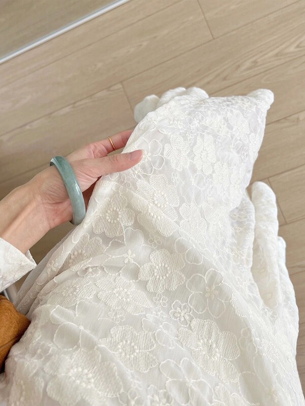 2025春秋服新型名媛茶休フレンチワンピース高級感白シフォン刺繍魚尾ロングスカート|undefined