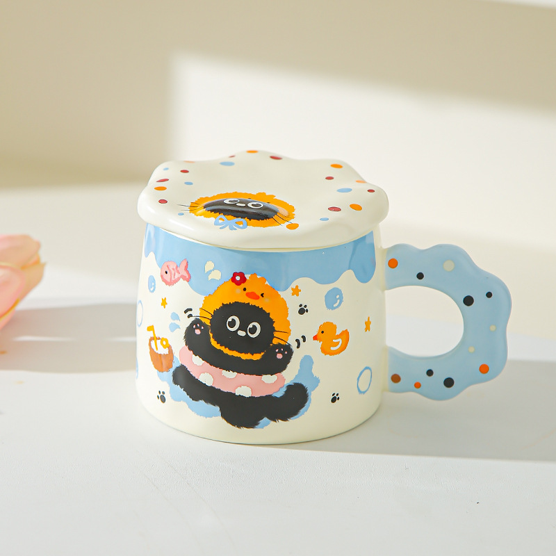 Con cubierta encantador conjunto de dibujos animados gato negro tazas de alto valor pareja tazas de cerámica tazas de agua marca regalo acompañante