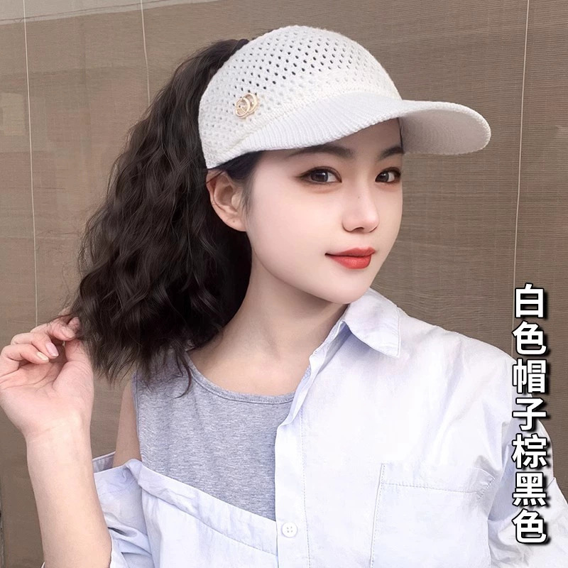 新しい小さなラベルの帽子とウィッグ一体型ウールカーリーハイポニーテール中空サンシェード日焼け止め春、夏、秋の空のトップハット|undefined