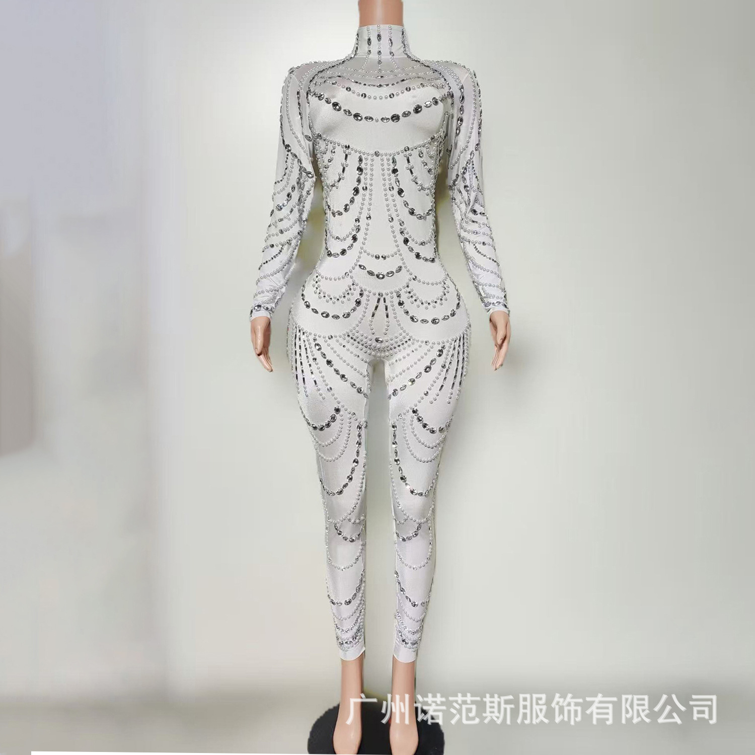 Factory Direct Supply Silver Diamond White Long-Sleeved Wrap Jumpsuit Nightclub Stage Performance Yoga Jujitsu Acrobatics Performance Clothing