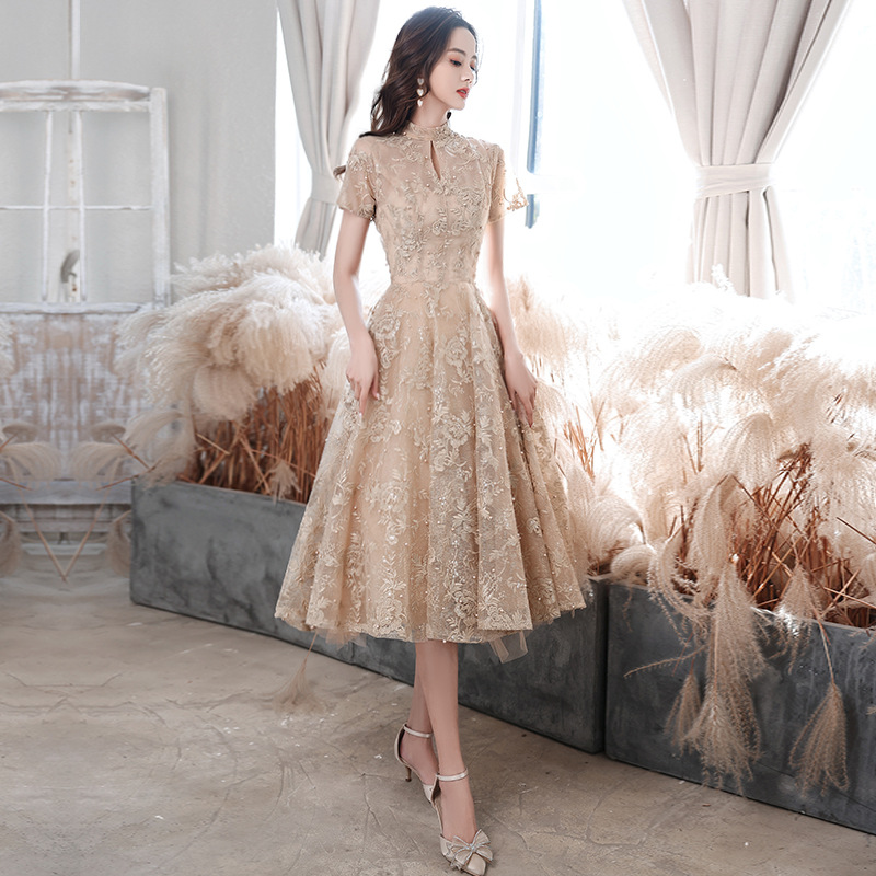 Champagne banquete vestido de noche nuevo verano transfronterizo temperamento de hadas arte examen rendimiento vestido Reunión Anual vestido anfitrión